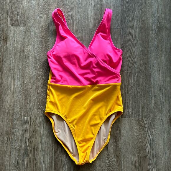 J.Crew Pink Orange Colorblock V-Neck One Piece Swimsuit Size Small - Picture 1 of 5